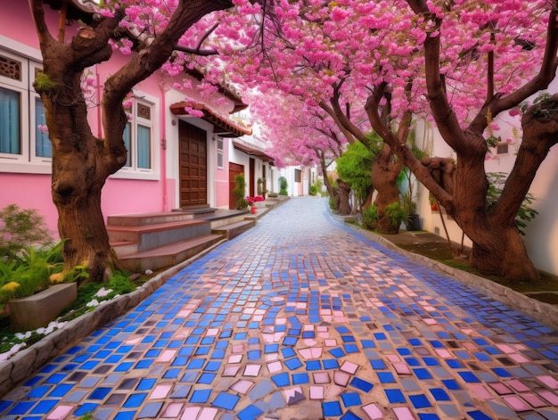 Blossoming fruit trees in a backyard