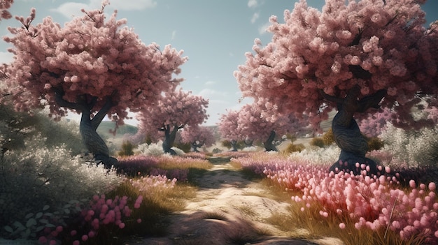 Blossoming fruit trees digital art illustration Generative AI