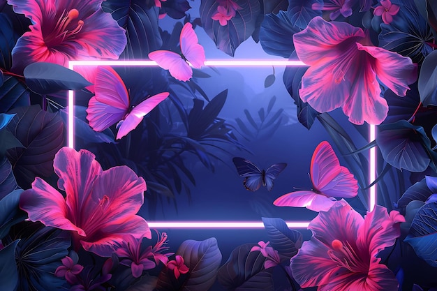 Blossoming Garden Arcane Frame With Blooming Flowers and Flu Neon Color Background Art Collection