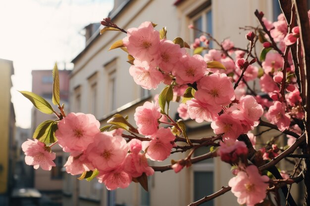 花の花の枝がアパートの正面を飾っている AR 32