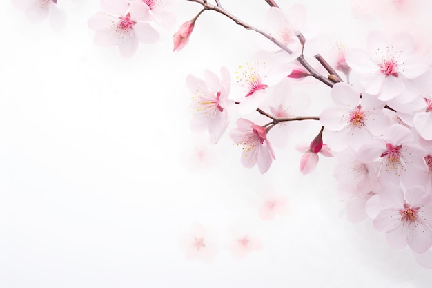 在白色背景上開花的淡粉紅色桜花