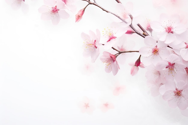 blossoming light pink sakura flowers on white background