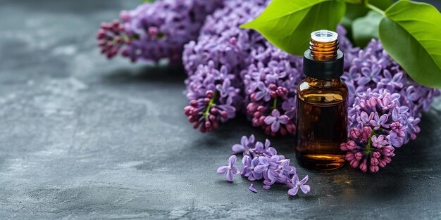 Blossoming lilac and bottle of essential oil or flower hydrolat Spa background