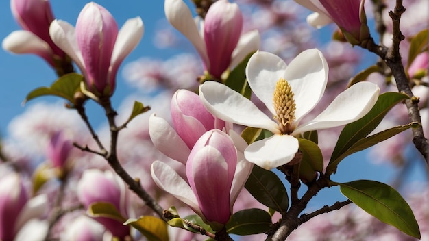 Photo blossoming magnolia trees against a clear sky