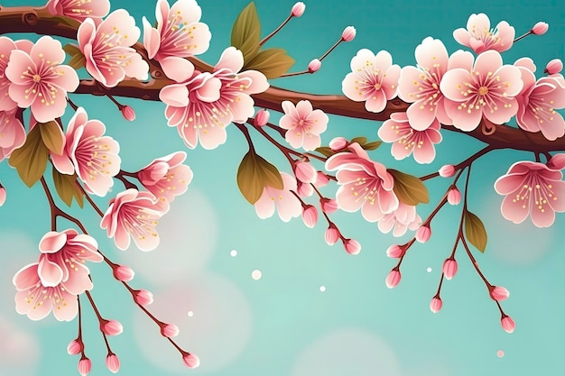 Blossoming Pink Sakura Branch on Nature Background