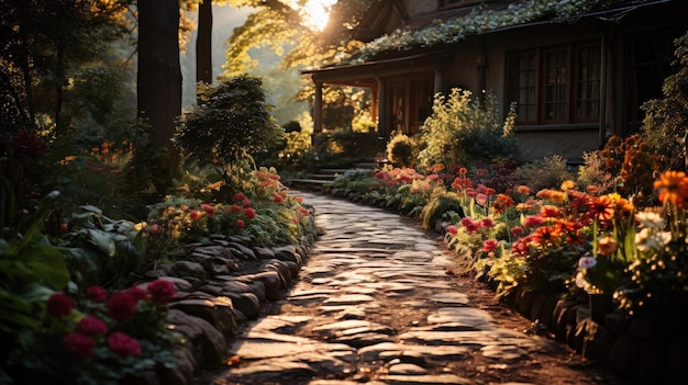 庭園の中心部のパノラマに展示されている開花する植物