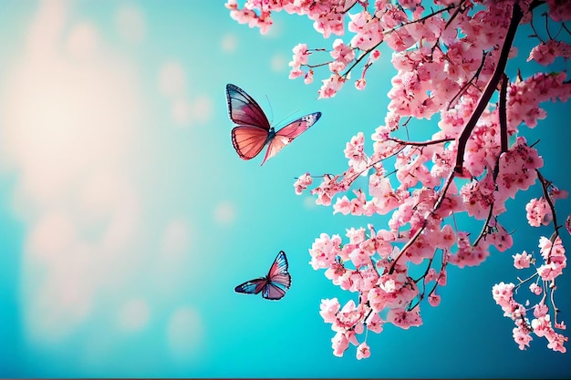 Blossoming sakura and bright blue morpho butterfly against blue sky AI Generated