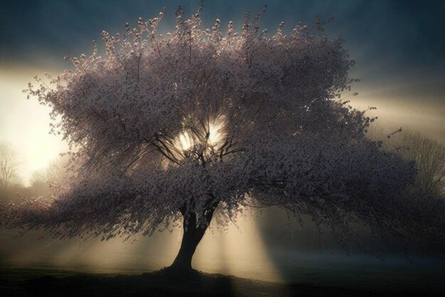 Blossoming tree in the morning sun with misty background created with generative ai