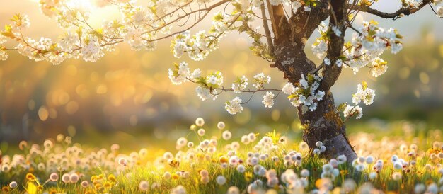 Photo blossoming tree set against a natural backdrop with spring flowers