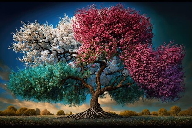 꽃이 피는 나무는 생성 AI로 만들어진 다채로운 봄 꽃으로 둘러싸여 있습니다.