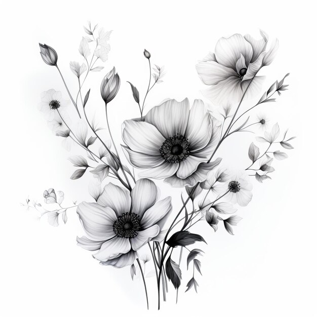 Blossoming Whispers A Delicate Dance of Wild Flowers in Illustrative Black and Gray on a White Back