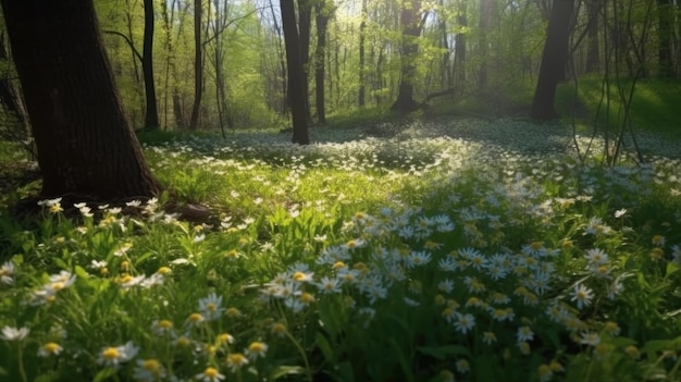 The blossoming of wildflowers in the forest during spring