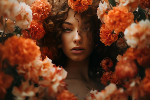 Blossoms in Focus Captivating CloseUp of a Woman Amidst Flowers in a 32 Frame