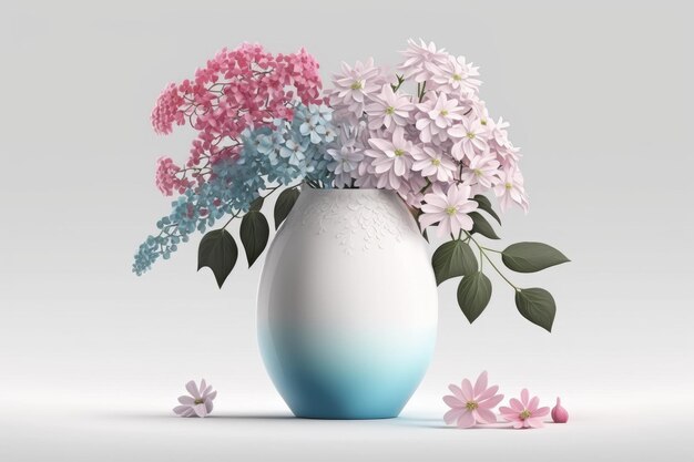 Blossoms of pink and blue arranged in a white ceramic vase