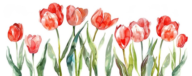 Photo blossoms in spring white background with red tulips bouquet drawing in watercolor tulips painted in watercolor