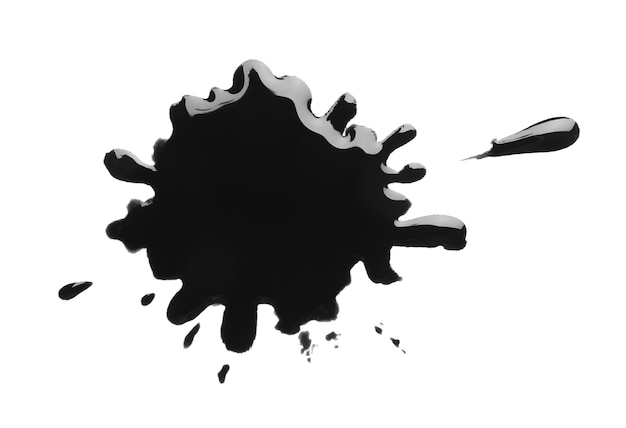 Blot of black printer ink isolated on white top view