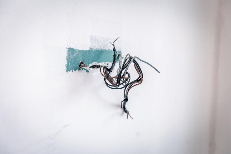 Blote draden op een witte muur, close-up