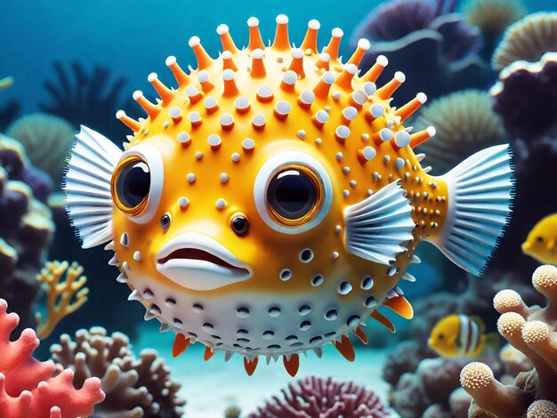 Blow fish underwater scene with coral