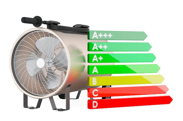 Blower heater with energy efficiency chart 3D rendering isolated on white background