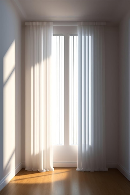 Blowing white sheer curtain in empty luxury cream white wall room brown parquet floor in sunlight