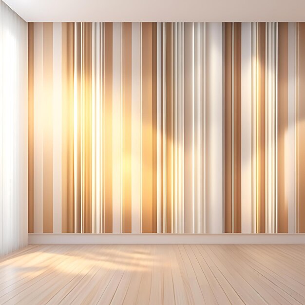 Blowing white sheer curtain window sunlight on blank vertical beige brown stripe wallpaper wall p