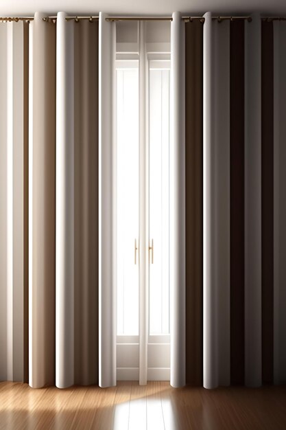 Blowing white sheer curtain window sunlight on blank vertical beige brown stripe wallpaper wall p