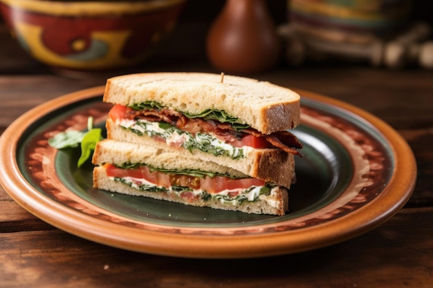 A blt sandwich on an earthenware plate from a high angle