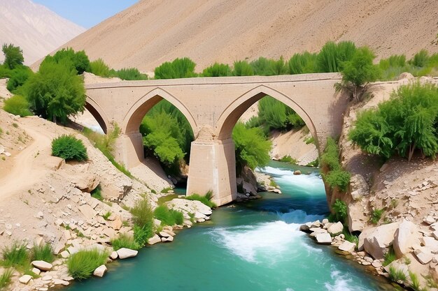 Photo blu in iran the old bridge and the river antique construction near nature