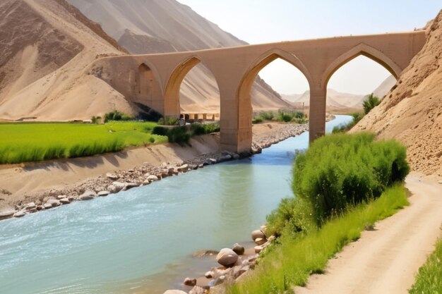 Photo blu in iran the old bridge and the river antique construction near nature
