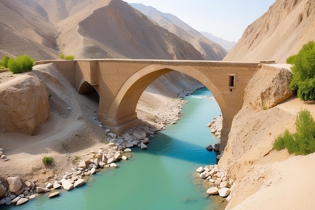 Photo blu in iran the old bridge and the river antique construction near nature