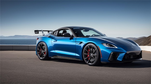 A blue 2020 ford mustang gt is parked in front of a race car.