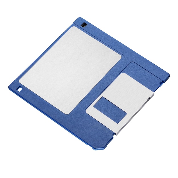 Disco floppy o dischetto blu da 35 pollici isolato su sfondo bianco