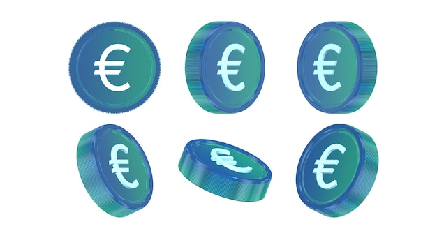 Photo blue 3d euro currency coins in different angles with white background