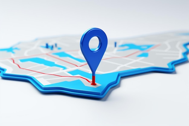 Blue 3D location icon on white background for pinpoint navigation