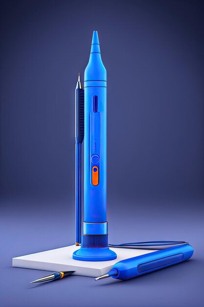 Blue 3d pen and a set of plastic on a white background