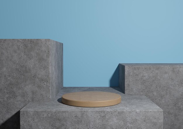 青の3Dレンダリング最小限の木製のシンプルな製品は表彰台のラフコンクリートの幾何学的な背景を表示します