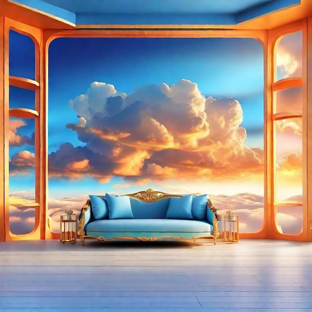 Photo blue 3d room background beautiful luxury soft gradient orange gold clouds and sunlight on the blue