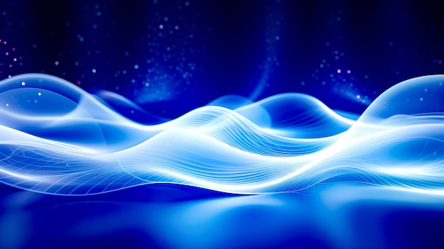 Photo blue abstract background with wavy lines and blurry wave in the foreground