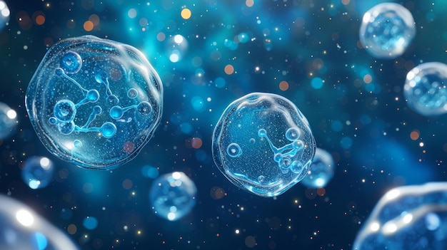 Blue abstract glowing bubbles floating in space