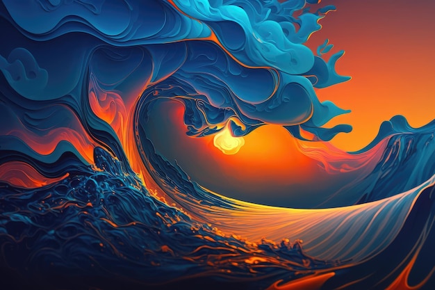 Blue abstract liquid wave background with fiery sunset sky created with generative ai