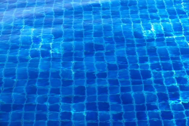 Blue abstract mosaic tiles at the bottom of the swimming pool