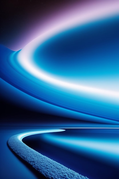 A blue abstract painting of a wave with a white stripe.