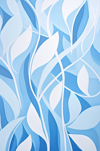 Photo a blue abstract painting of white leaves on a blue background