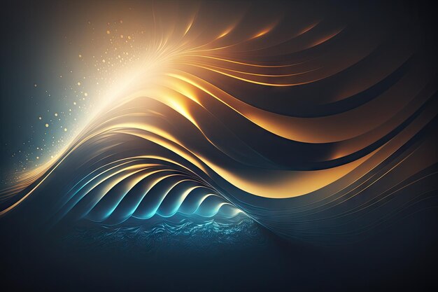 Blue abstract wave background with golden light shining through created with generative ai