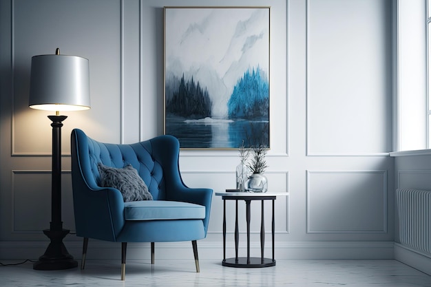 Blue accent chair lamp and table in a light and airy room