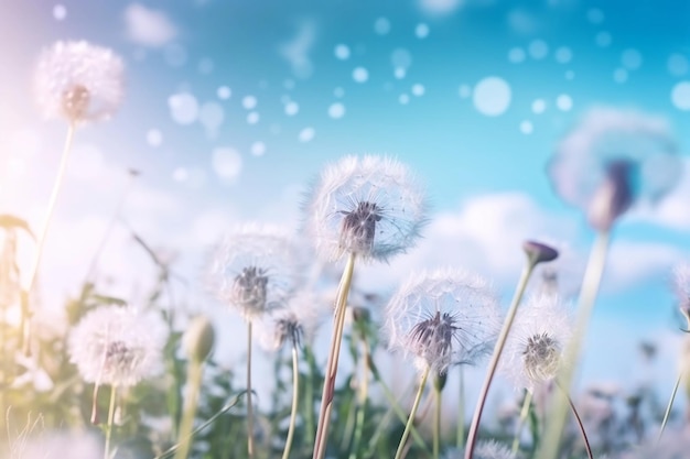 Blue Aerial Background with Fluffy Dandelions Generative AI