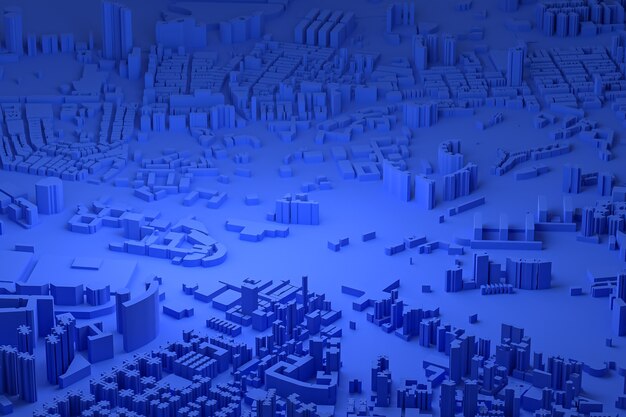 Blue aerial view of city buildings 3d rendering blue map background