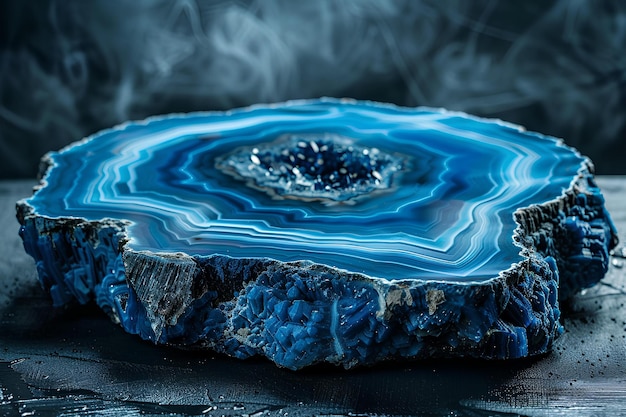 A blue agate sitting on top of a wooden table