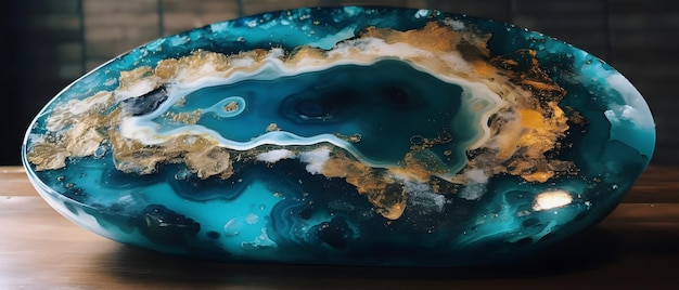 A blue agate that is on a wooden table.