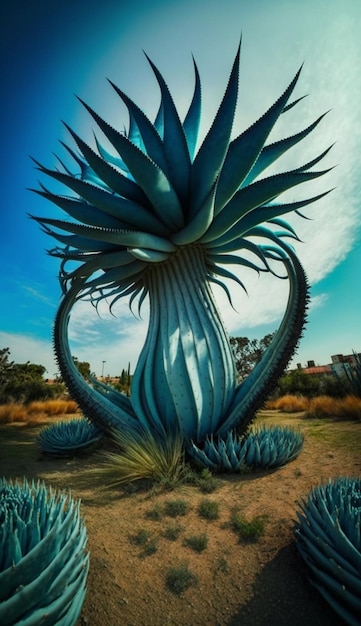 A blue agave sculpture in a garden